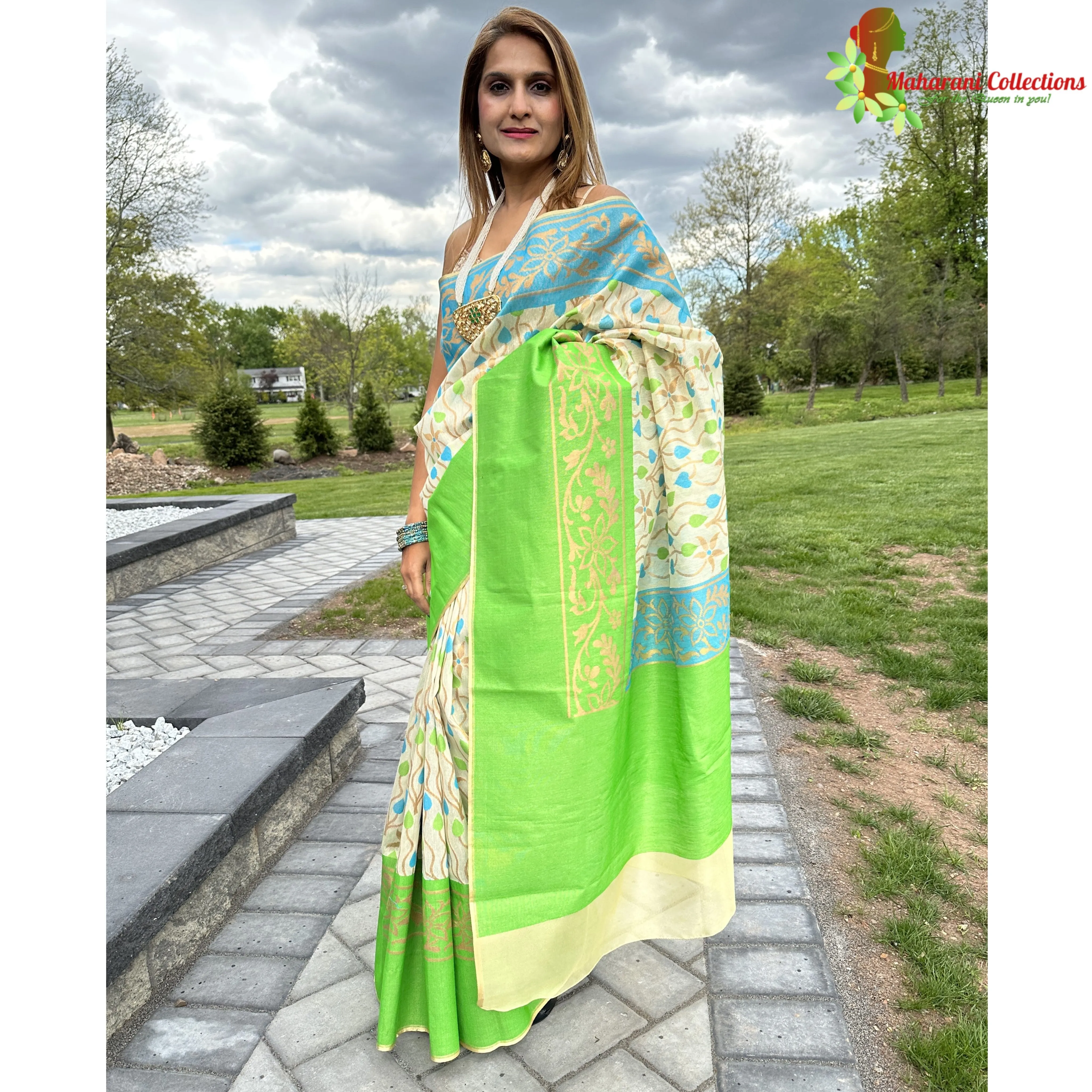 Maharani's Pure Banarasi Tissue Silk Saree - Green and Beige (with Stitched Blouse and Petticoat)