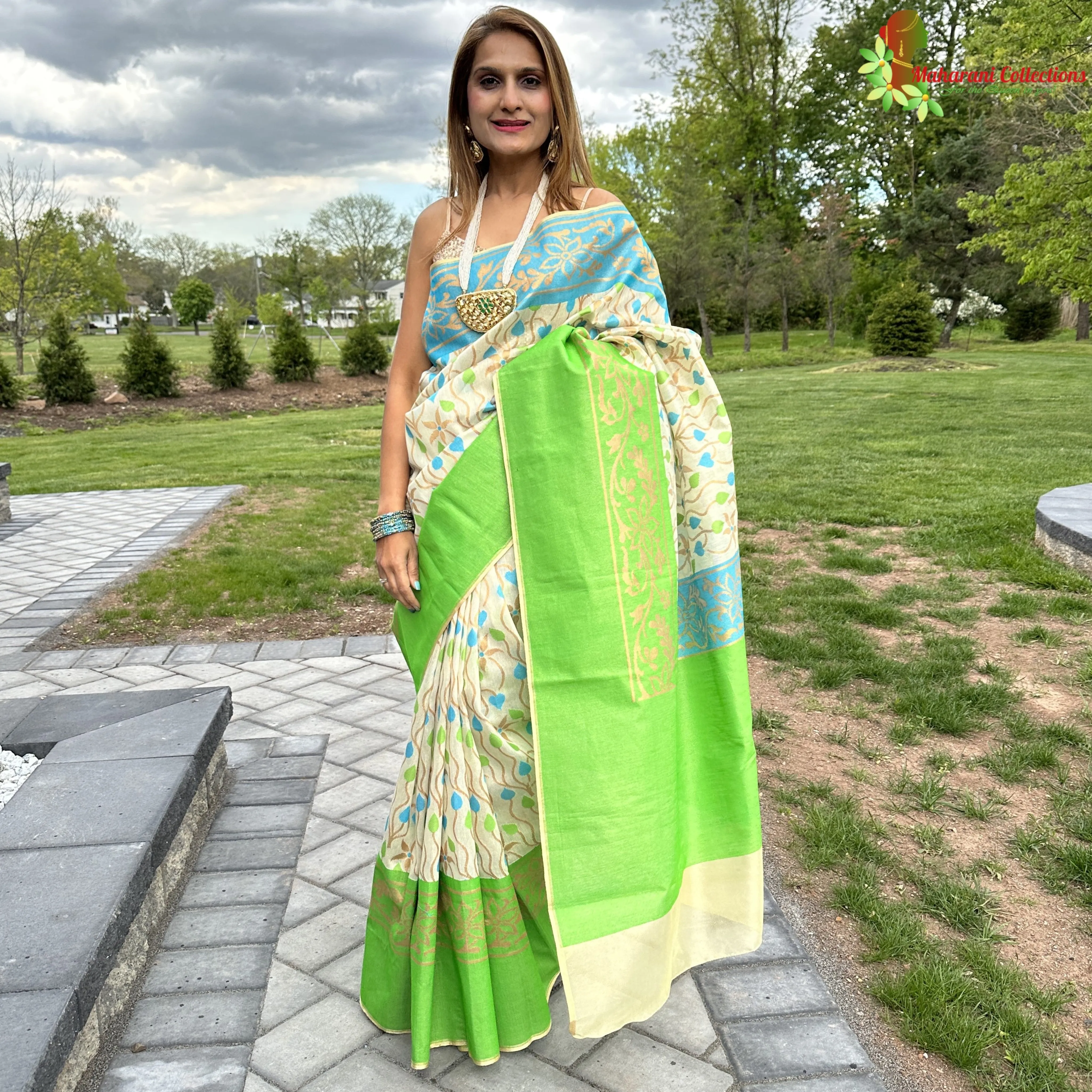 Maharani's Pure Banarasi Tissue Silk Saree - Green and Beige (with Stitched Blouse and Petticoat)
