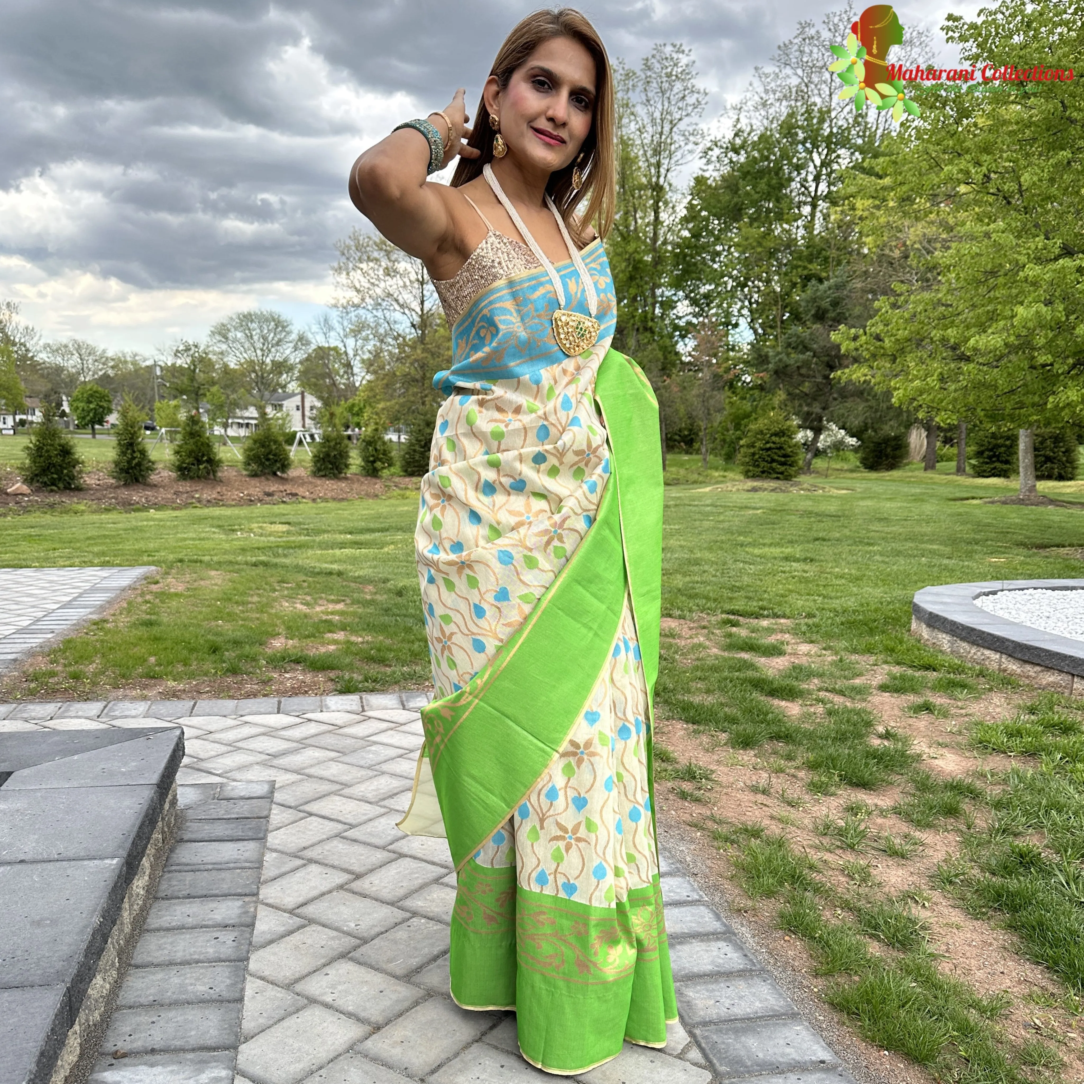 Maharani's Pure Banarasi Tissue Silk Saree - Green and Beige (with Stitched Blouse and Petticoat)