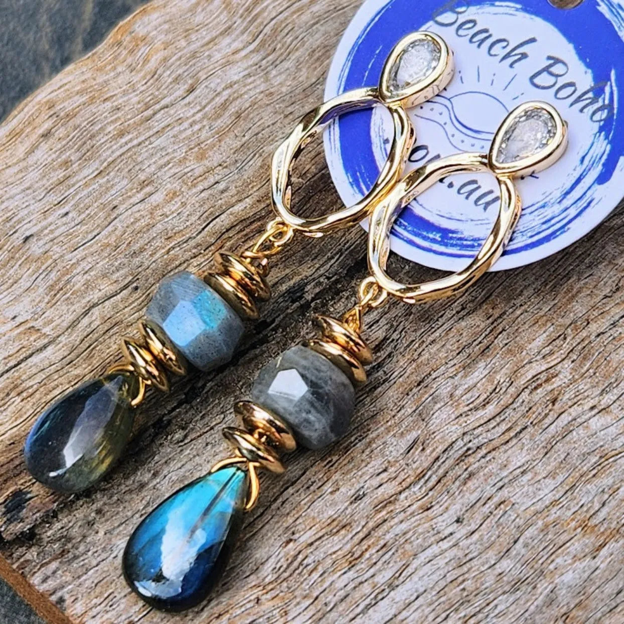 MANY COLOURS - LABRADORITE DOUBLE STONE STUD BOHO EARRINGS