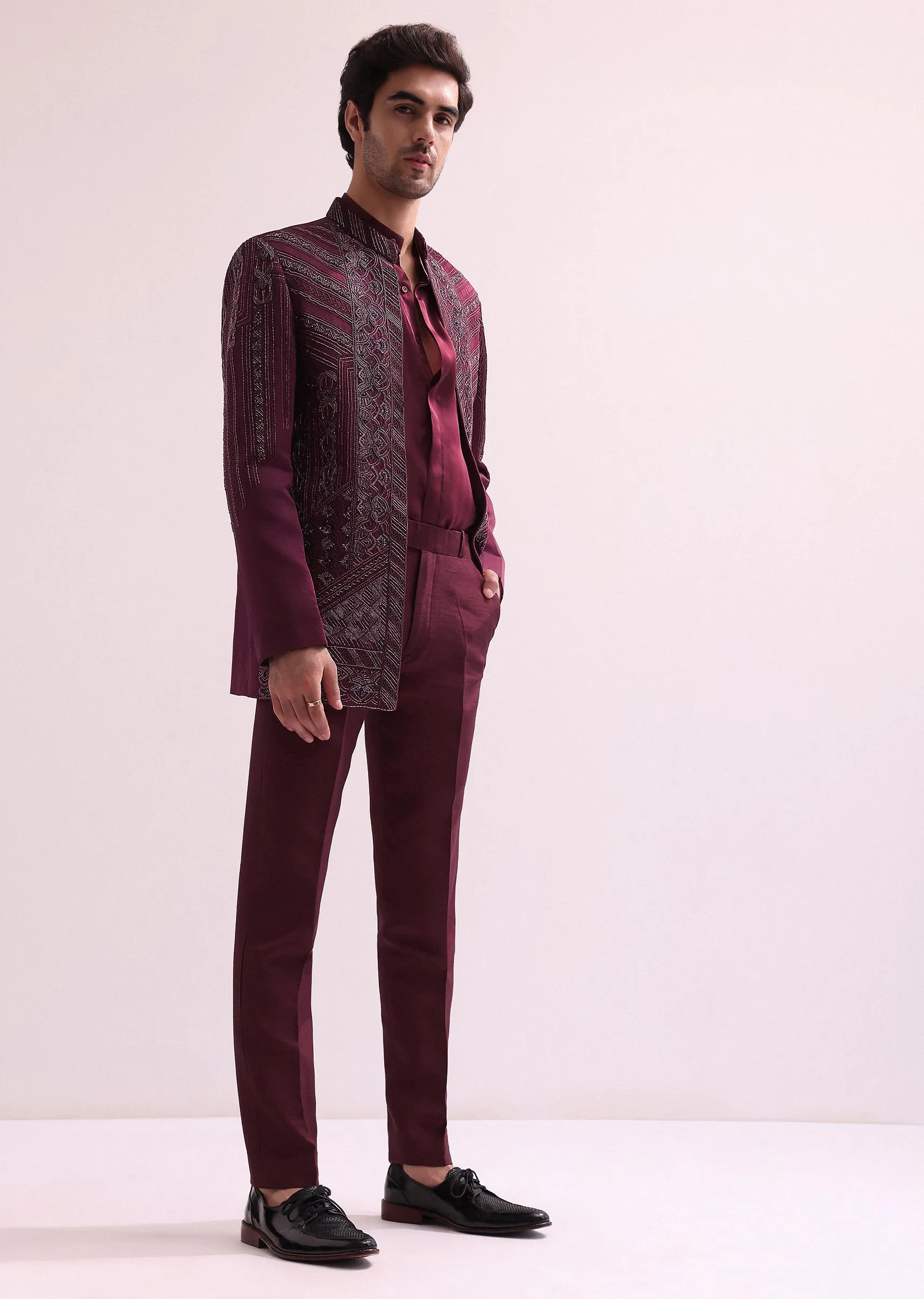 Maroon Linen Satin Hand Embroidered Open Bandhgala With Shirt And Pant