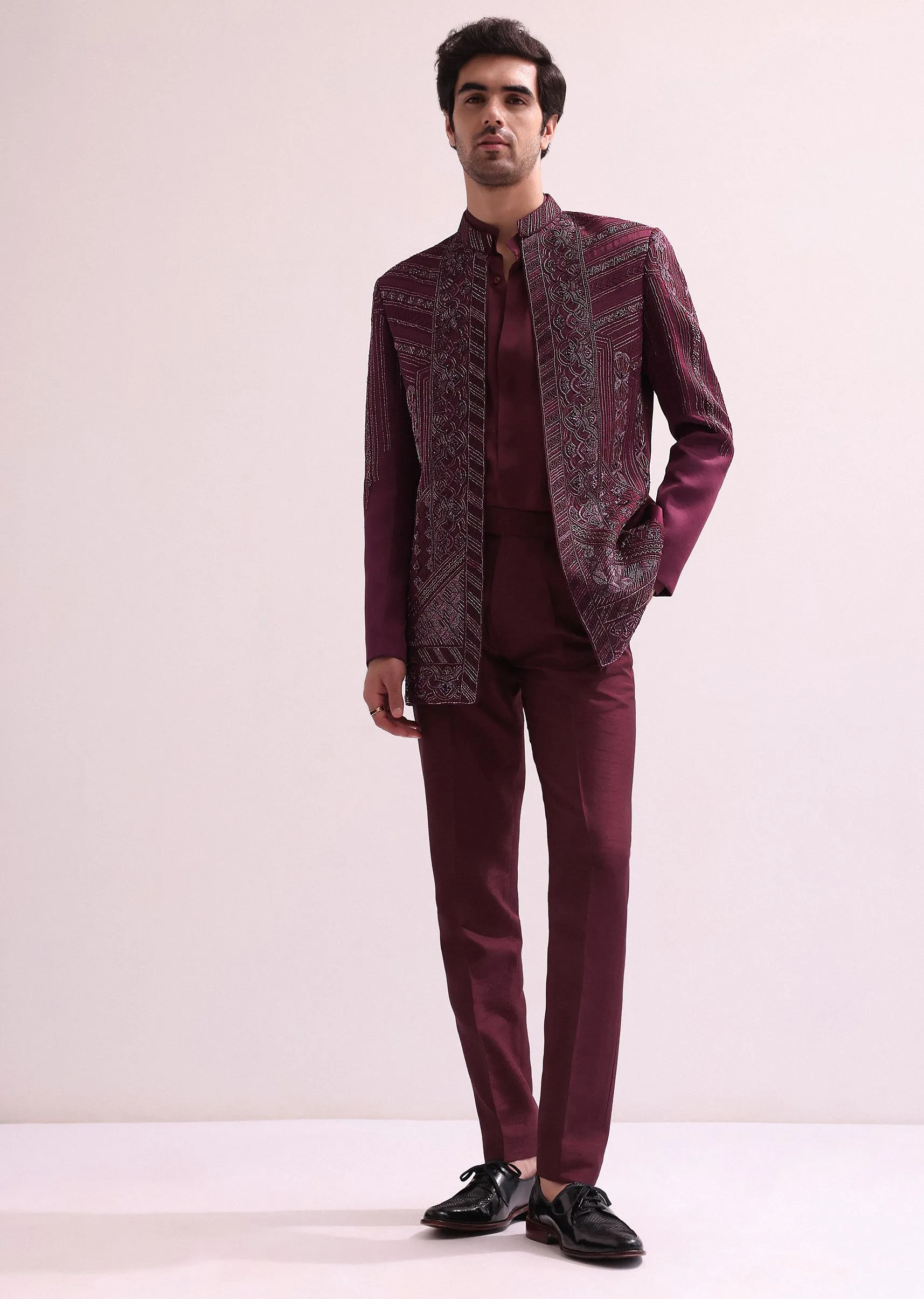 Maroon Linen Satin Hand Embroidered Open Bandhgala With Shirt And Pant