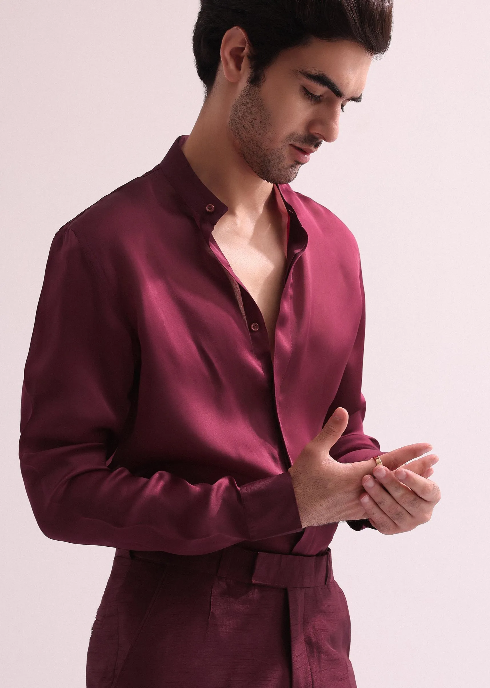 Maroon Linen Satin Hand Embroidered Open Bandhgala With Shirt And Pant