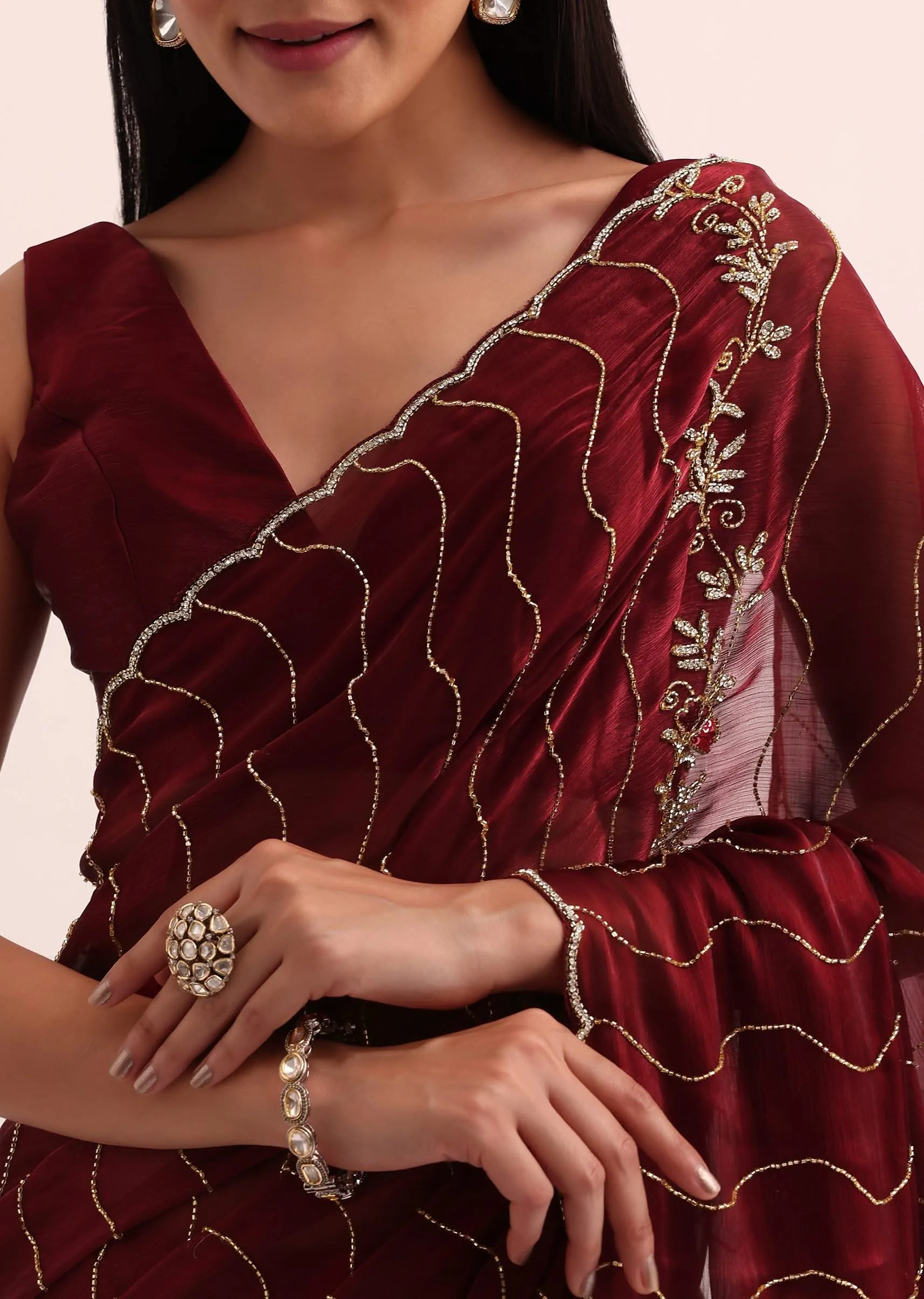 Maroon Red Tissue Saree With Cut Dana Embroidery And Unstitched Blouse