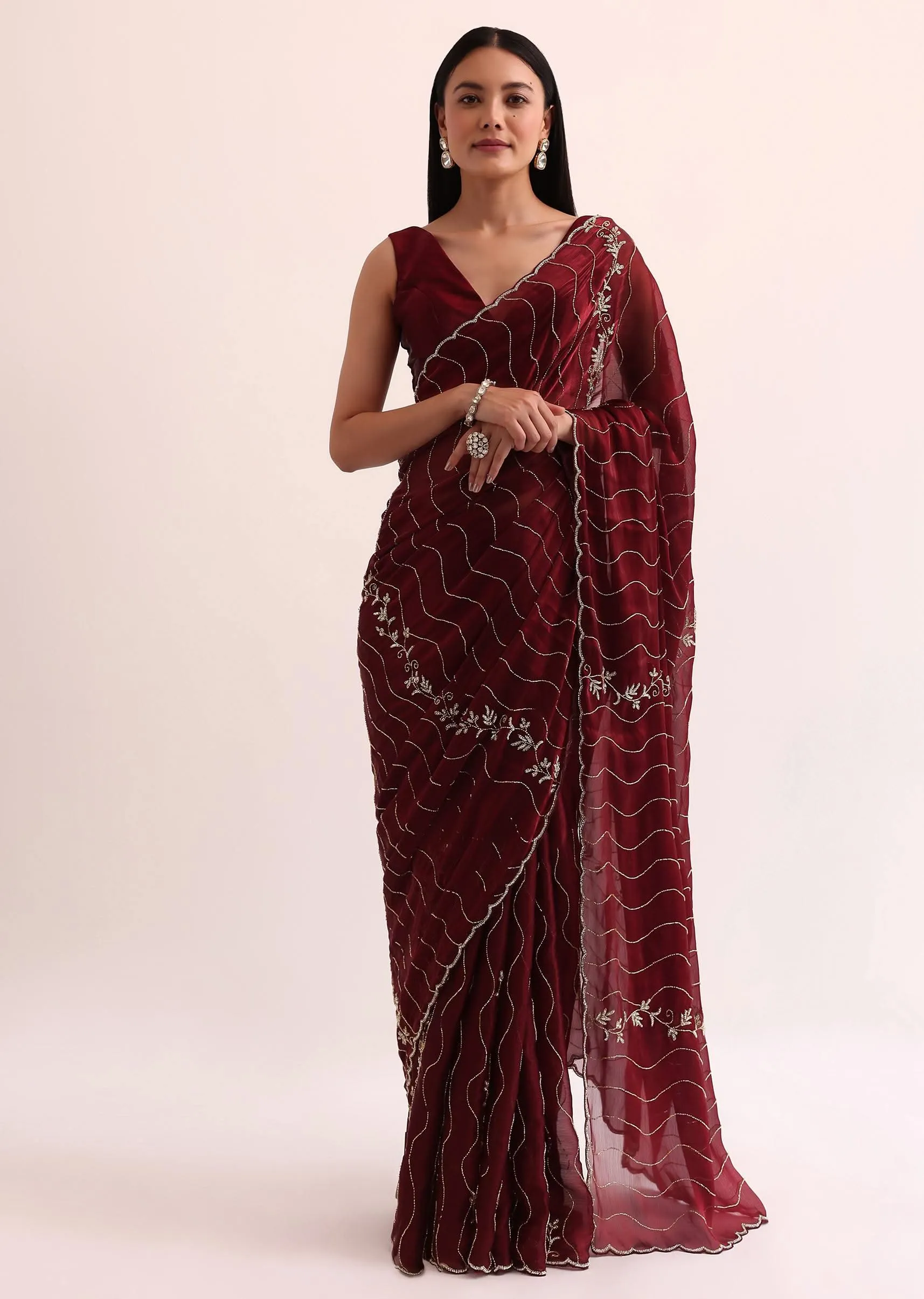 Maroon Red Tissue Saree With Cut Dana Embroidery And Unstitched Blouse