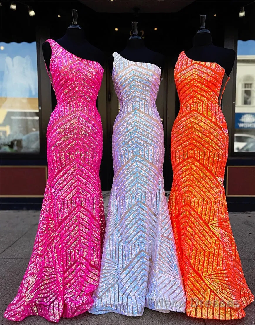 Mermaid Unique One Shoulder Sequins Prom Dress