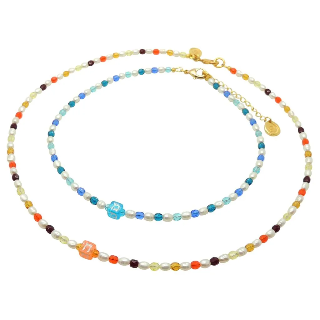 Multicolour Alef Bet Hebrew Initial Charm Freshwater Pearl Glass Crystal Bead Duo Necklace