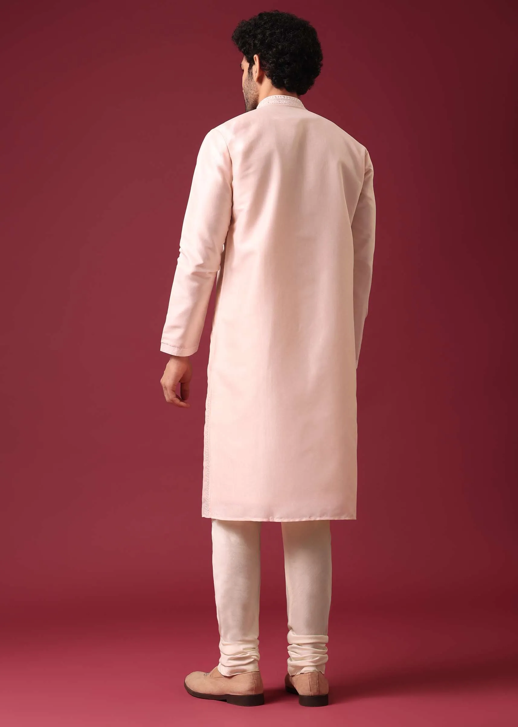 Peach Kurta Set In Silk with Mirror Work