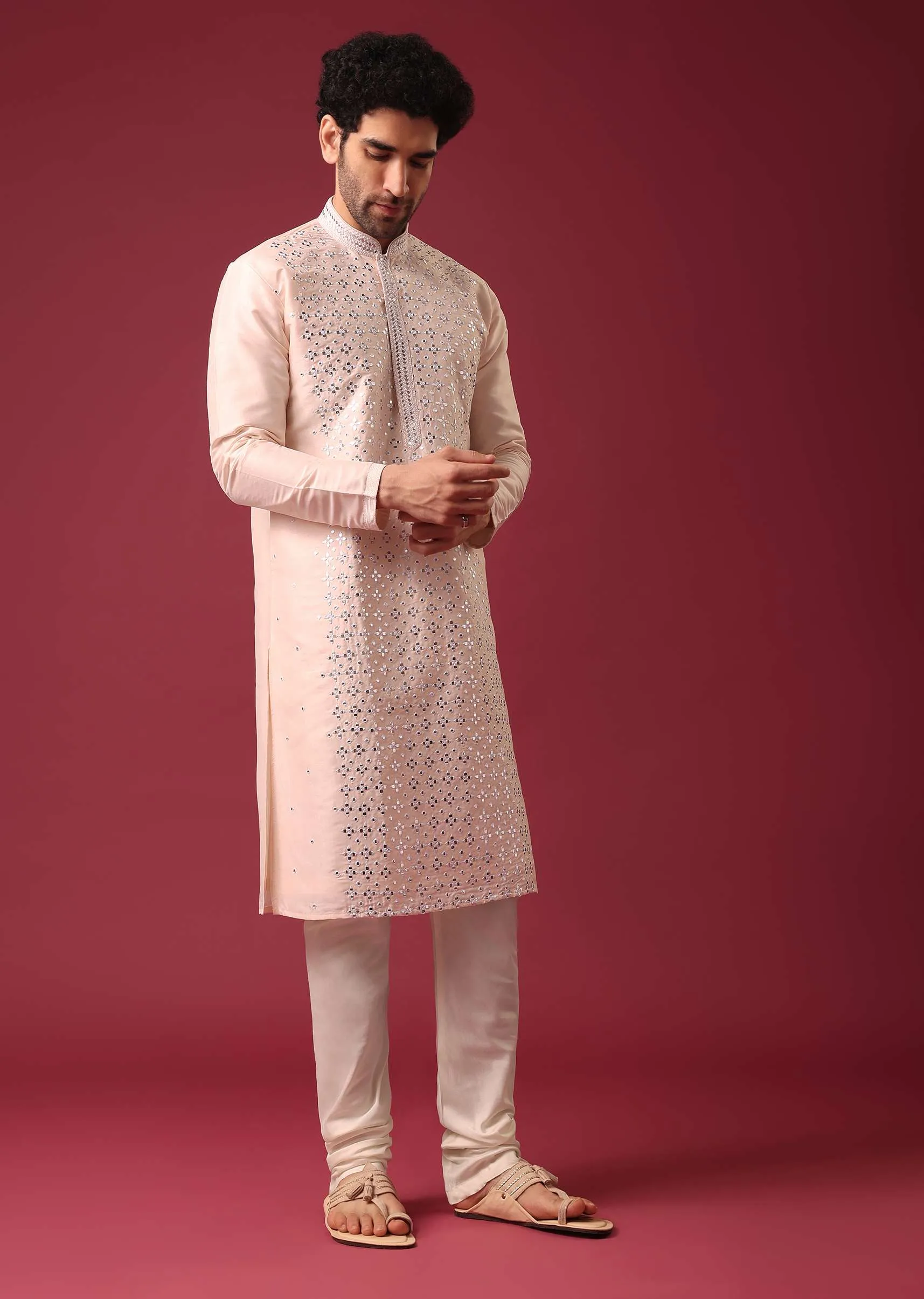 Peach Kurta Set With Mirror Work In Silk