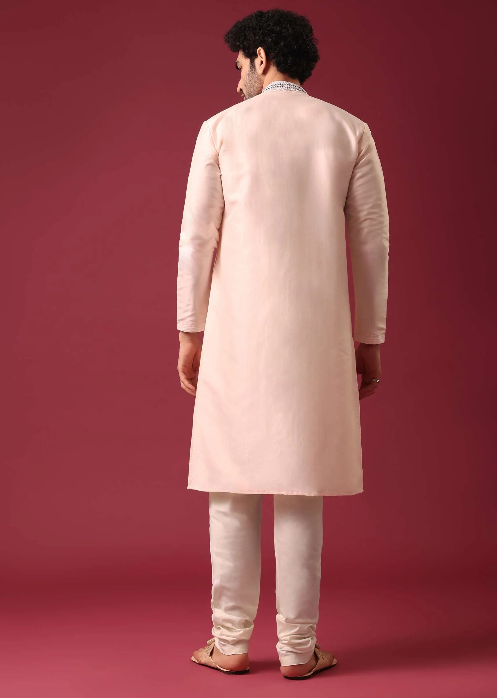 Peach Kurta Set With Mirror Work In Silk
