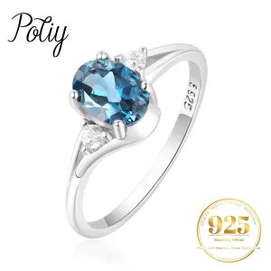 Potiy Genuine Natural Oval London Blue Topaz 925 Sterling Silver Solitaire Ring for Woman Fashion Gemstone Fine Jewelry Wedding