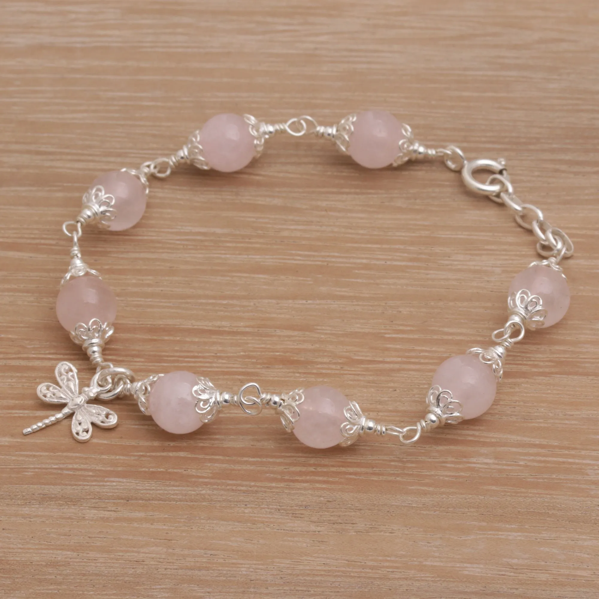 Rose Quartz Bead Charm Bracelet Sterling Silver Dragonfly - Moonlight Dragonfly in Rose | NOVICA