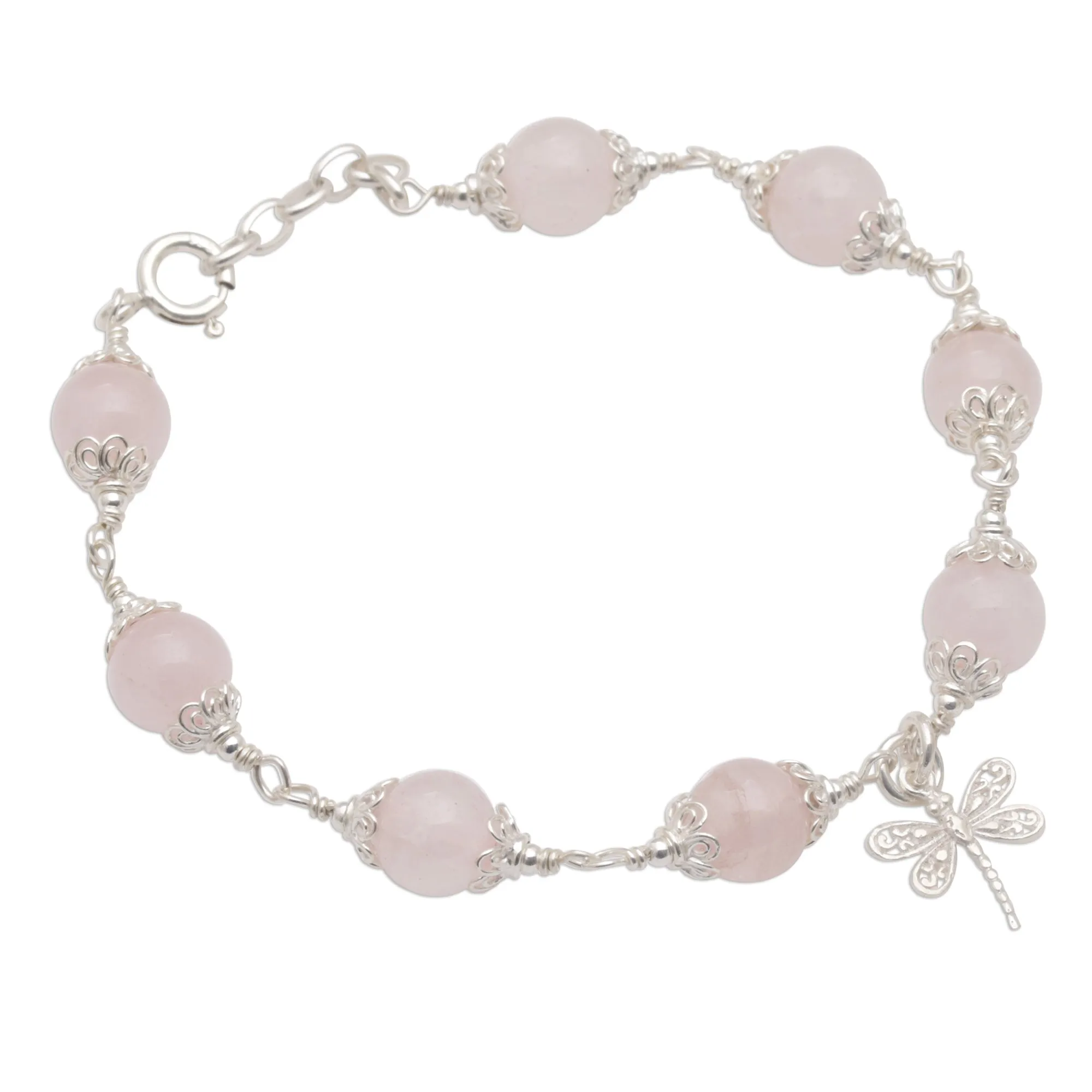 Rose Quartz Bead Charm Bracelet Sterling Silver Dragonfly - Moonlight Dragonfly in Rose | NOVICA