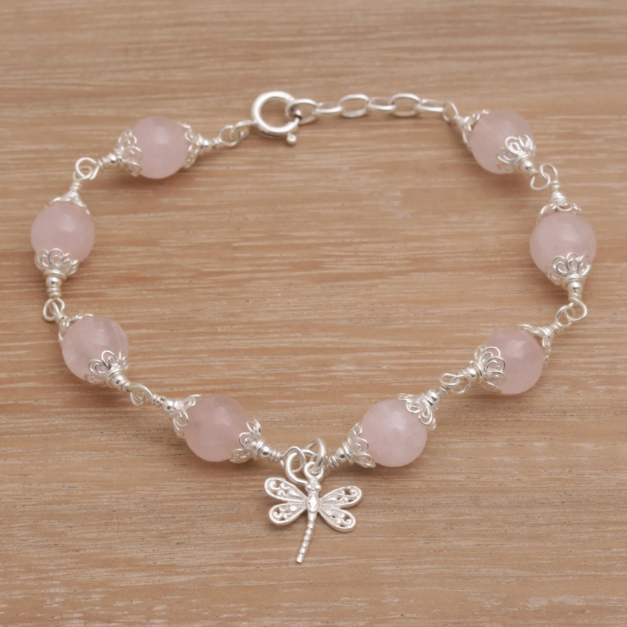 Rose Quartz Bead Charm Bracelet Sterling Silver Dragonfly - Moonlight Dragonfly in Rose | NOVICA