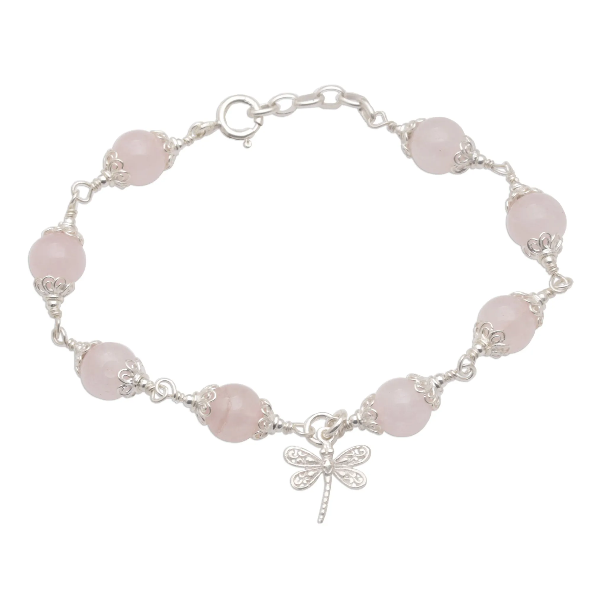 Rose Quartz Bead Charm Bracelet Sterling Silver Dragonfly - Moonlight Dragonfly in Rose | NOVICA