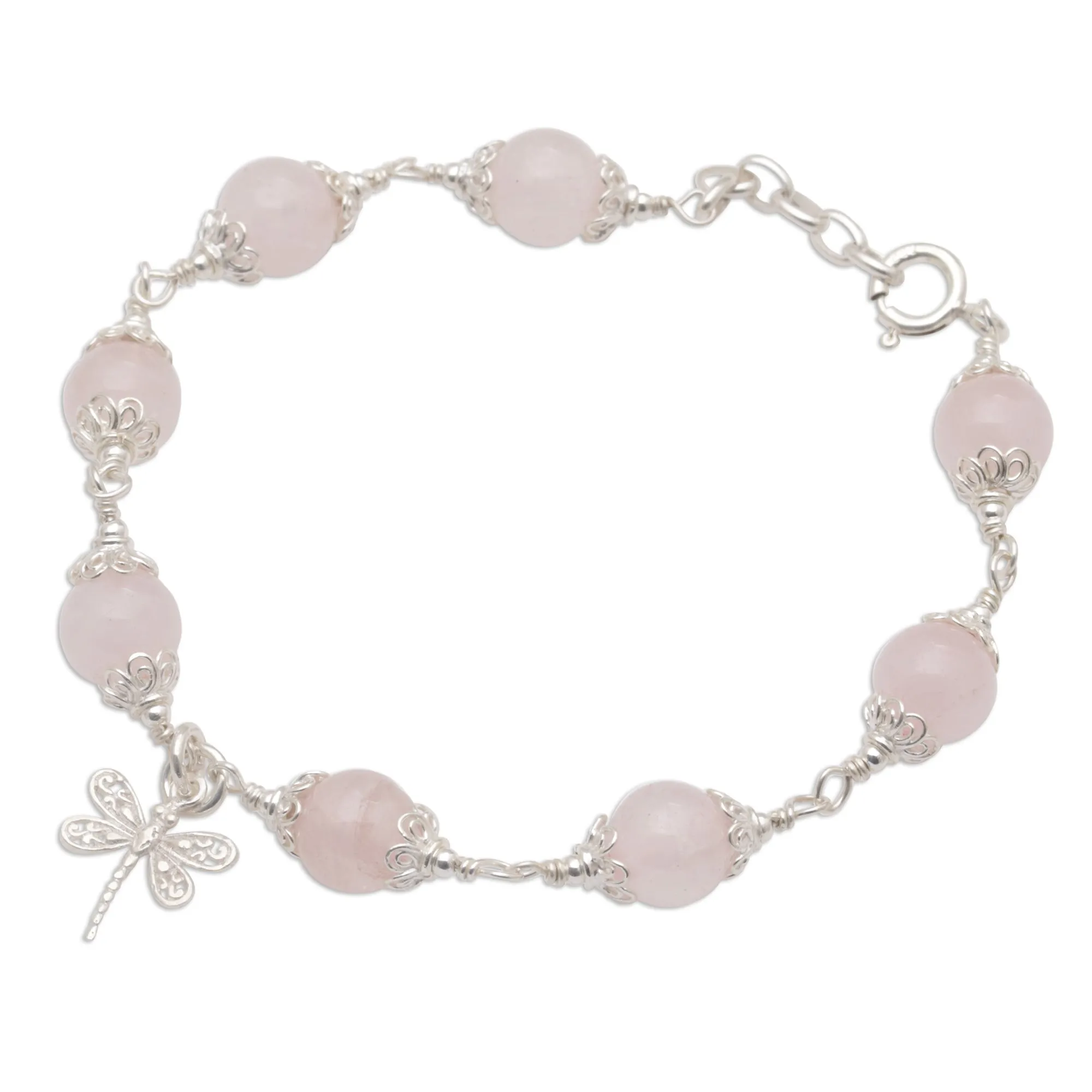 Rose Quartz Bead Charm Bracelet Sterling Silver Dragonfly - Moonlight Dragonfly in Rose | NOVICA