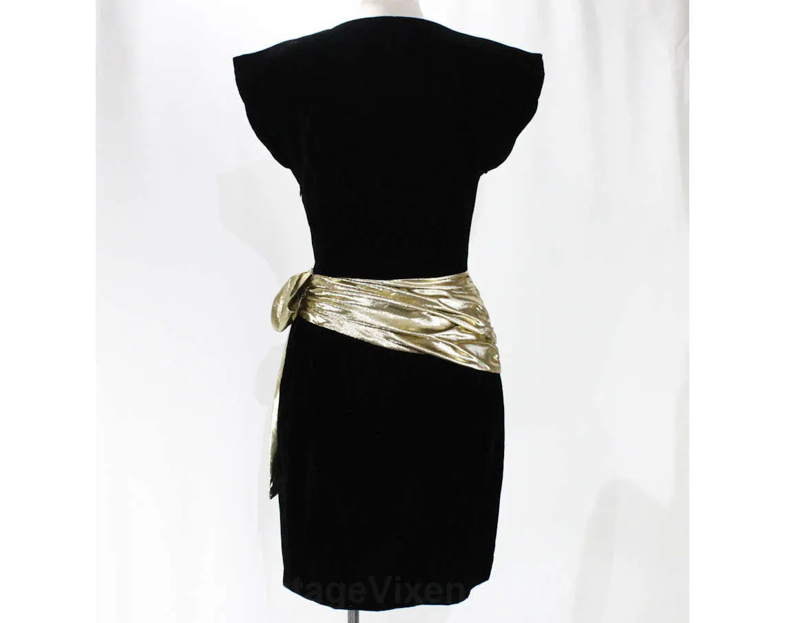 Size 4 Cocktail Dress - Black Velvet 1940s Inspired 1980s Party Frock - Gold Lamé Swag Waist - Mini or Petite Length - Waist 25 - 47569