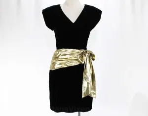 Size 4 Cocktail Dress - Black Velvet 1940s Inspired 1980s Party Frock - Gold Lamé Swag Waist - Mini or Petite Length - Waist 25 - 47569