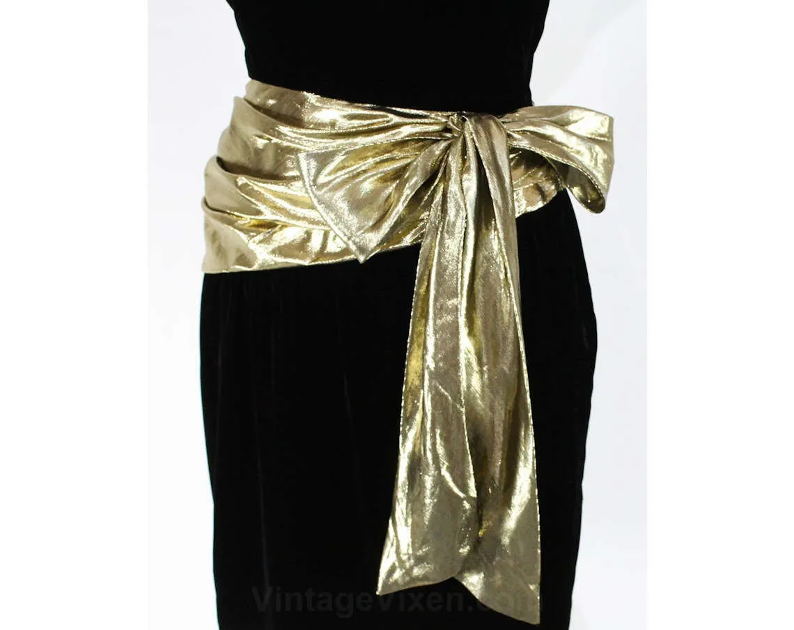 Size 4 Cocktail Dress - Black Velvet 1940s Inspired 1980s Party Frock - Gold Lamé Swag Waist - Mini or Petite Length - Waist 25 - 47569