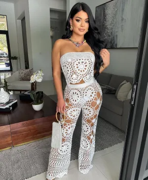 So Unique Crochet Pant Set White
