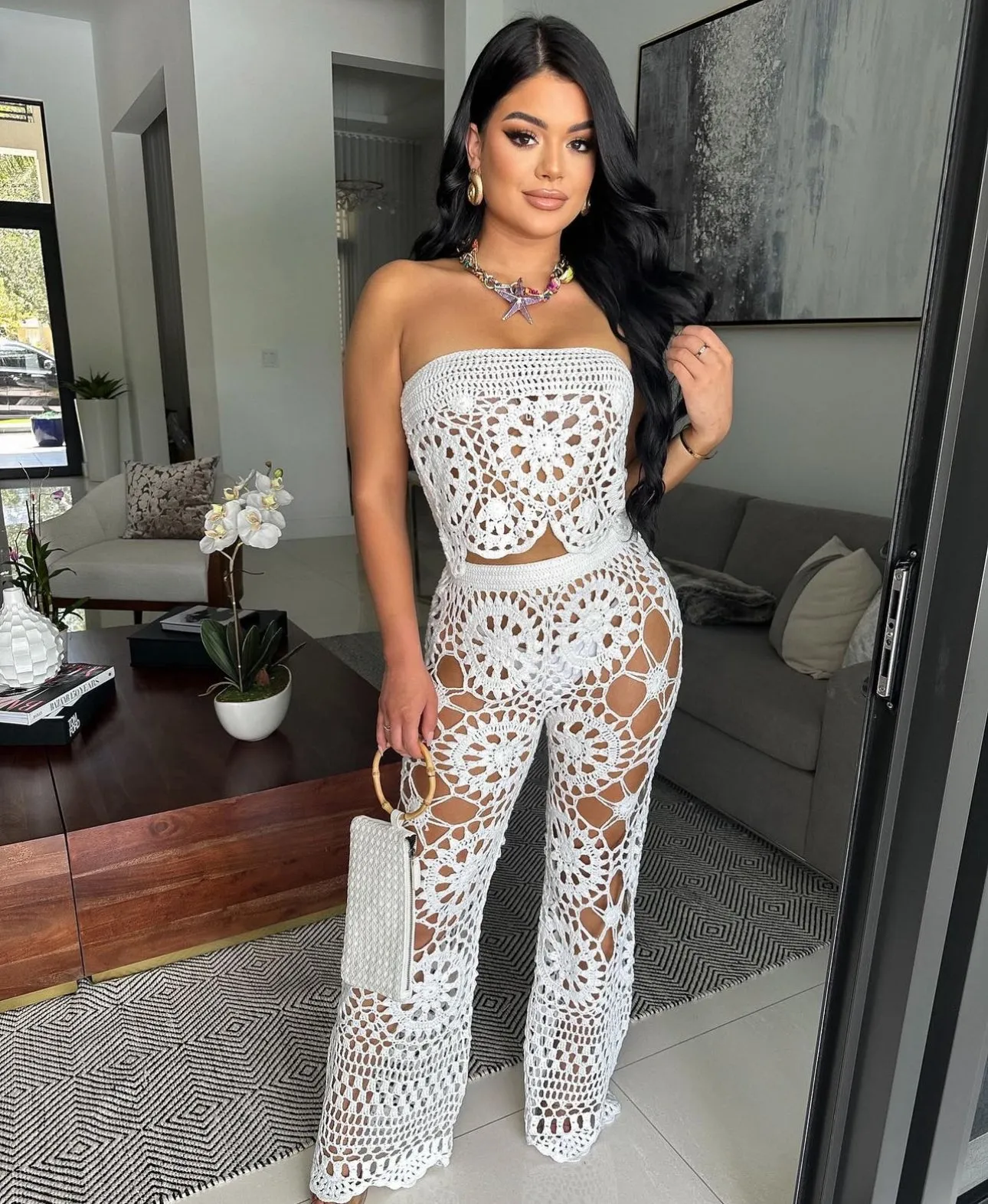 So Unique Crochet Pant Set White
