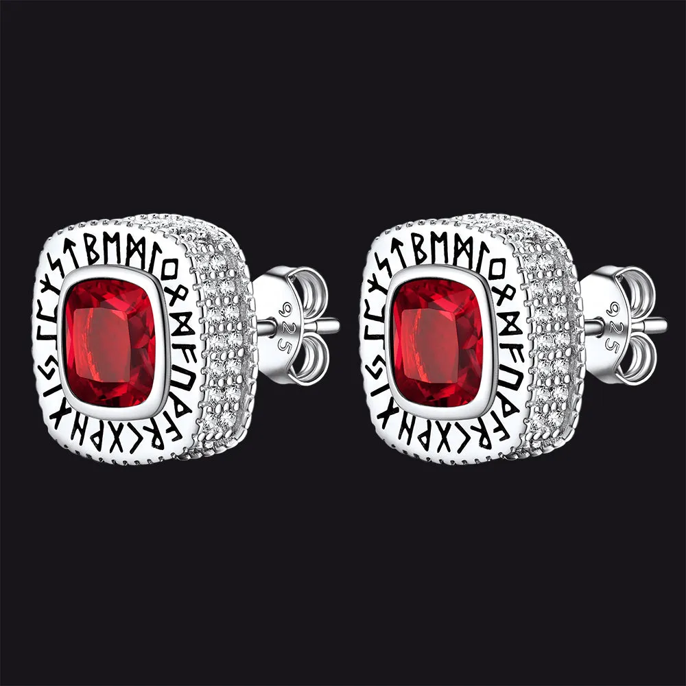 Sterling Silver Gemstone Runes Square Stud Earrings