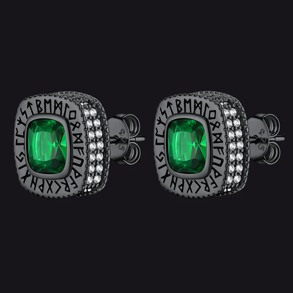 Sterling Silver Gemstone Runes Square Stud Earrings
