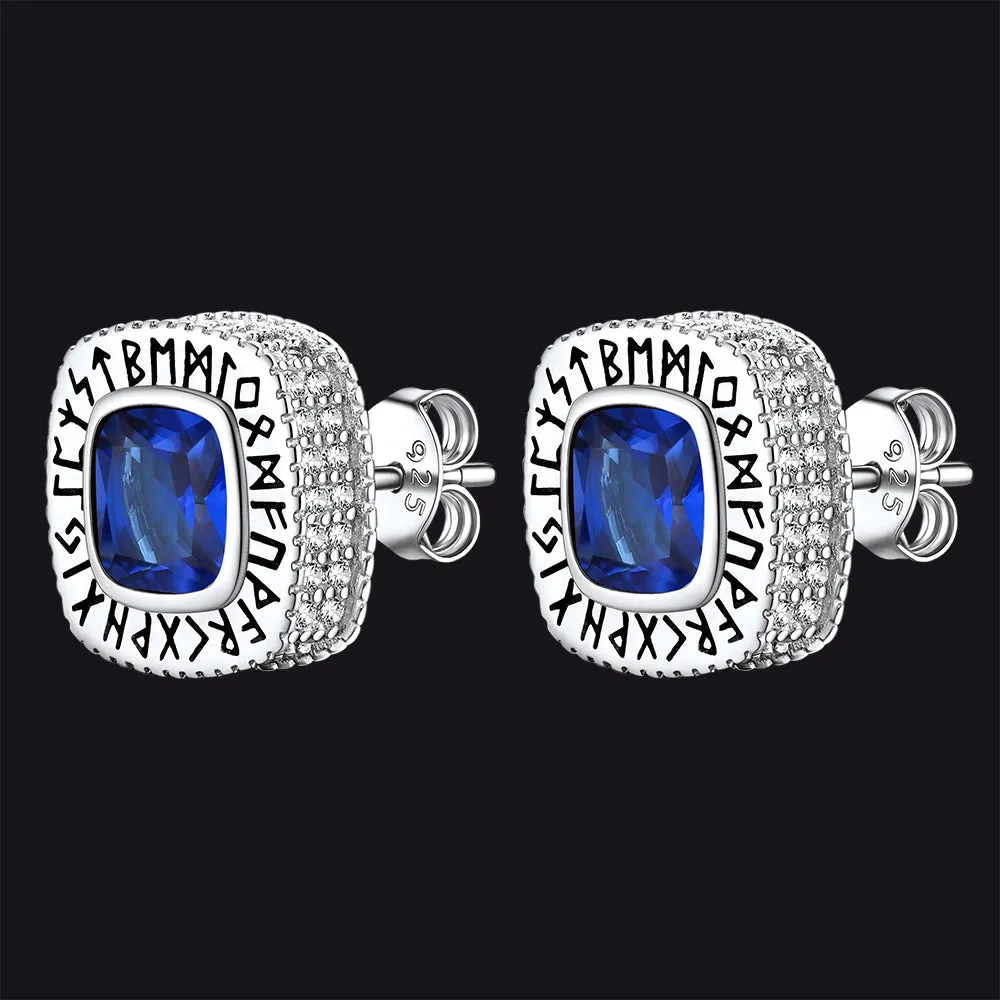 Sterling Silver Gemstone Runes Square Stud Earrings