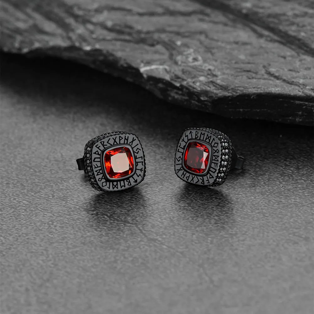 Sterling Silver Gemstone Runes Square Stud Earrings
