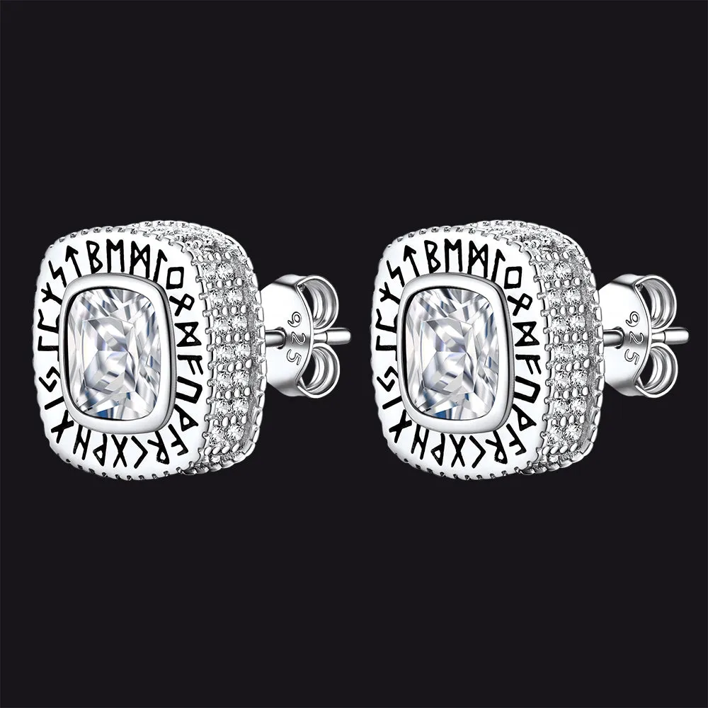 Sterling Silver Gemstone Runes Square Stud Earrings