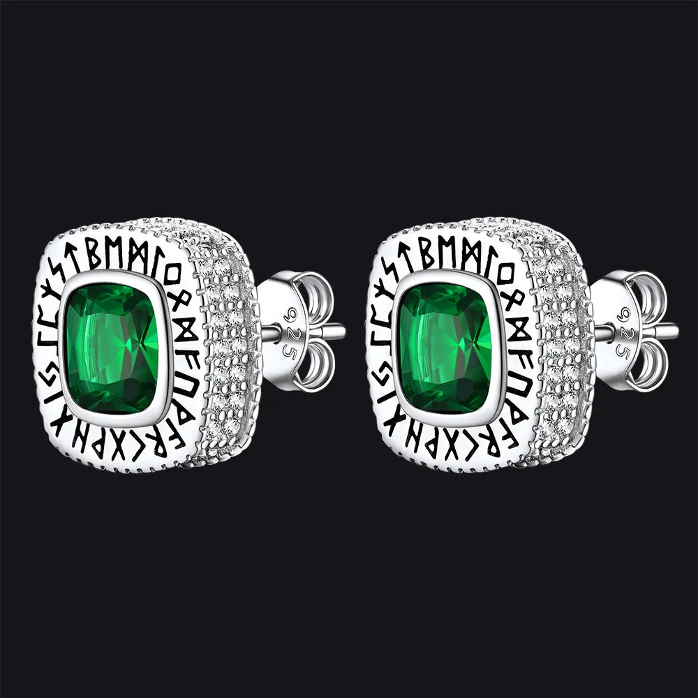 Sterling Silver Gemstone Runes Square Stud Earrings