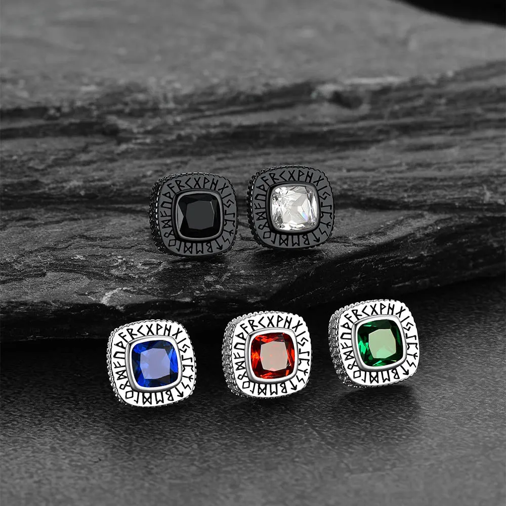Sterling Silver Gemstone Runes Square Stud Earrings