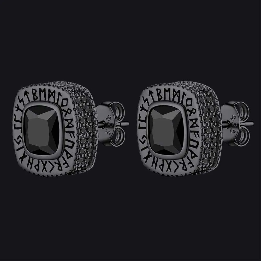 Sterling Silver Gemstone Runes Square Stud Earrings