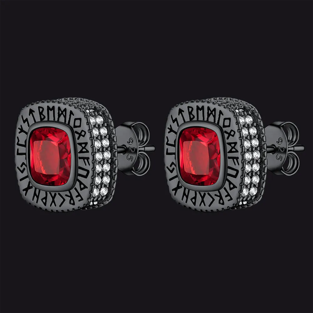 Sterling Silver Gemstone Runes Square Stud Earrings