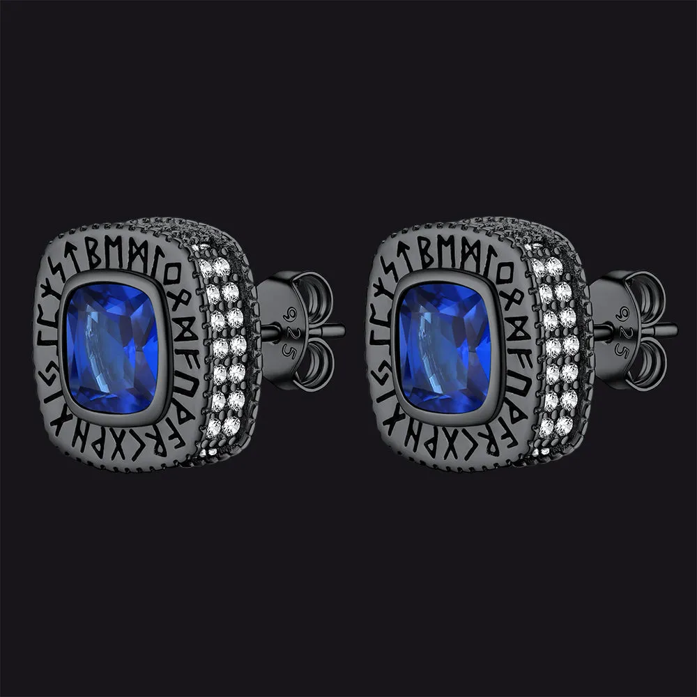Sterling Silver Gemstone Runes Square Stud Earrings