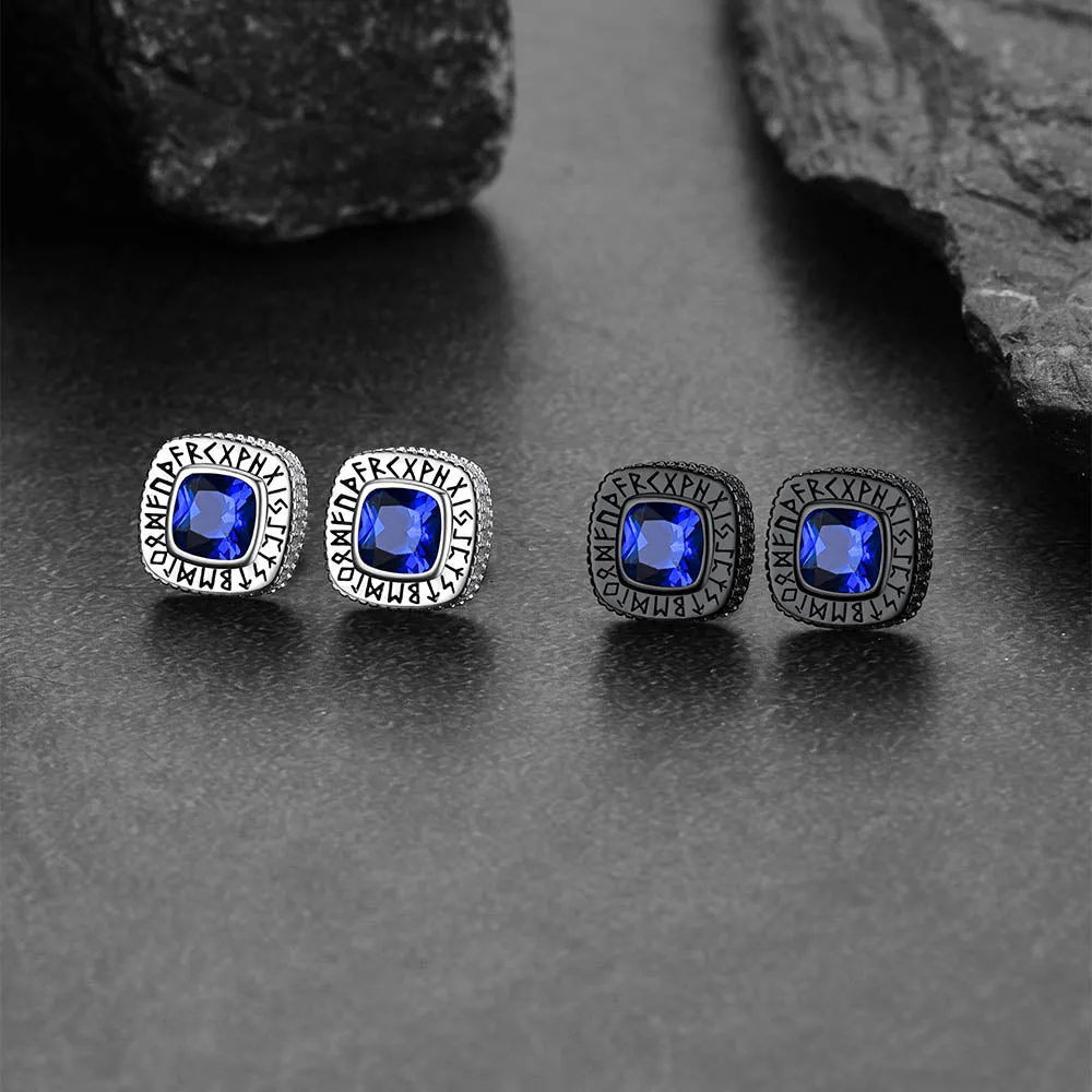 Sterling Silver Gemstone Runes Square Stud Earrings