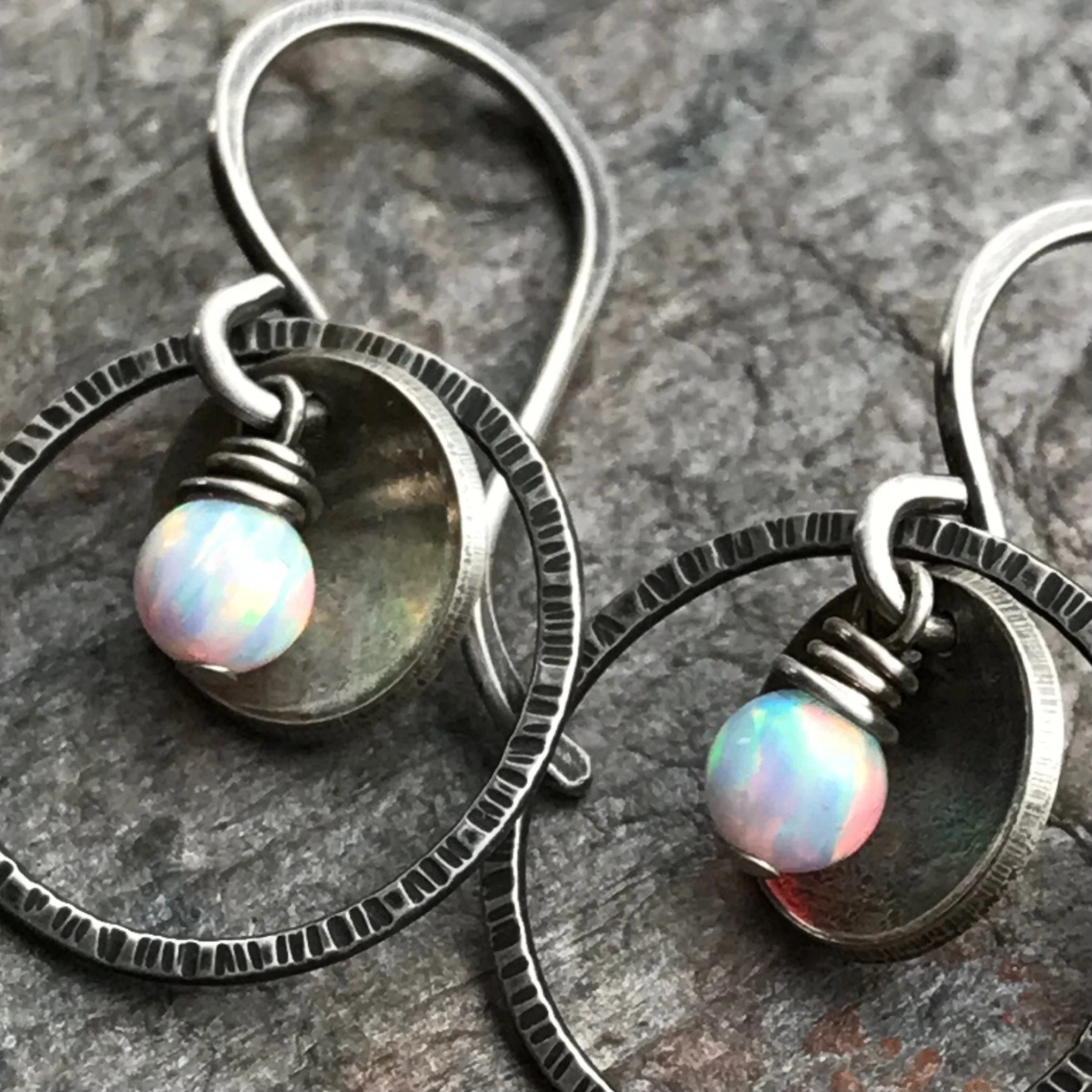 Sterling Silver Opal Earrings - Handmade Small Simulated Opal Silver Dangles
