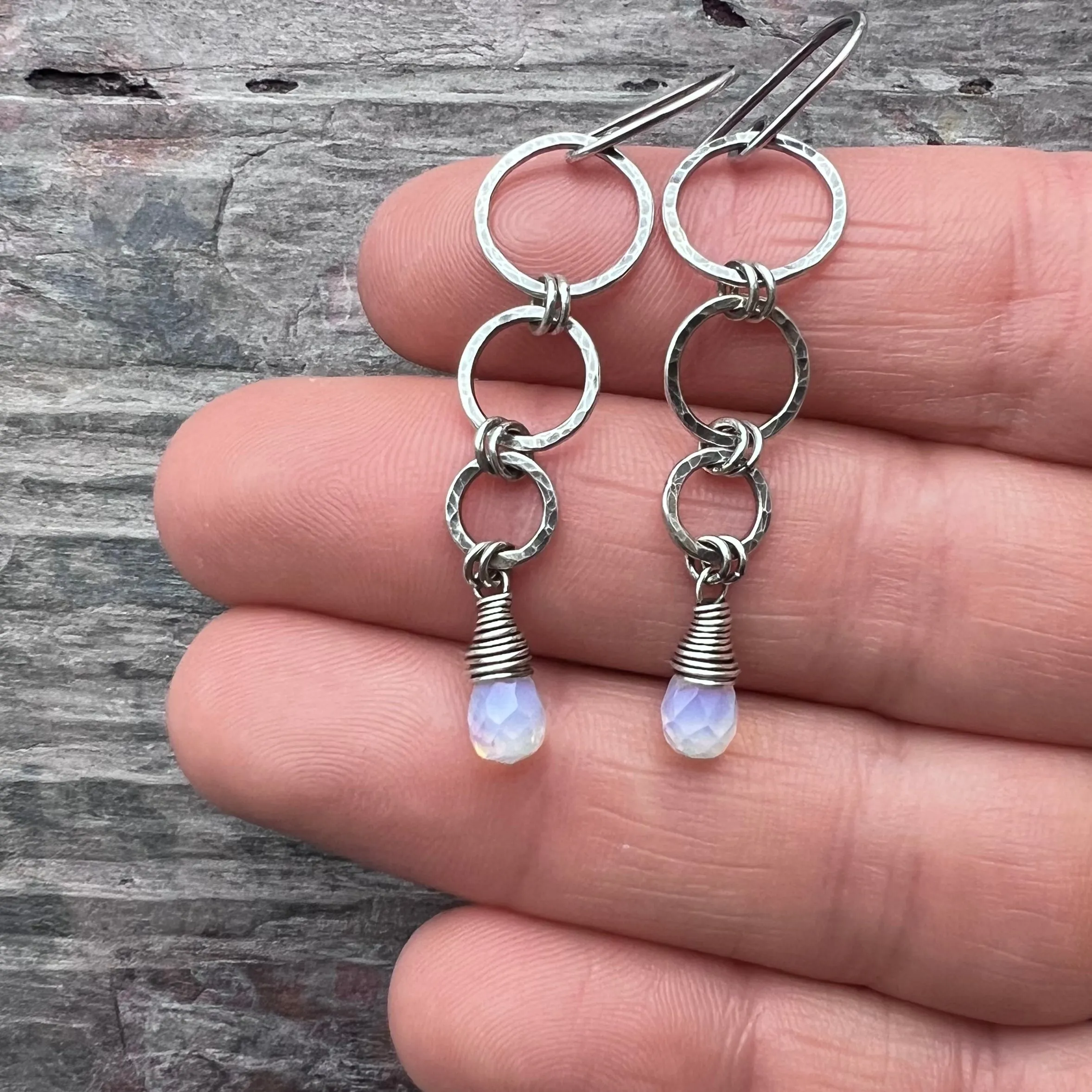 Sterling Silver Opalite Earrings | Opalite Teardrops on Hammered Rings Long Dangle Earrings