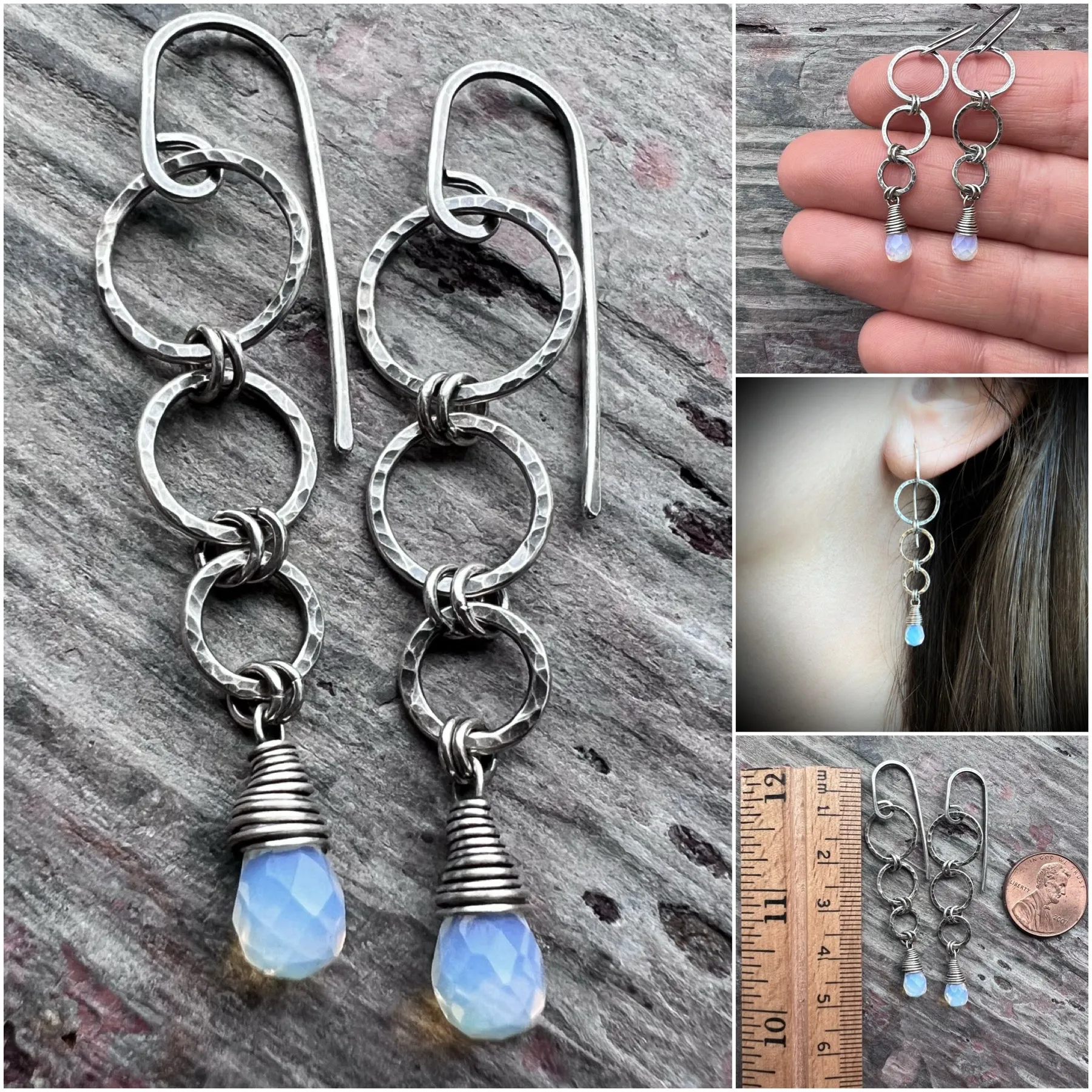 Sterling Silver Opalite Earrings | Opalite Teardrops on Hammered Rings Long Dangle Earrings