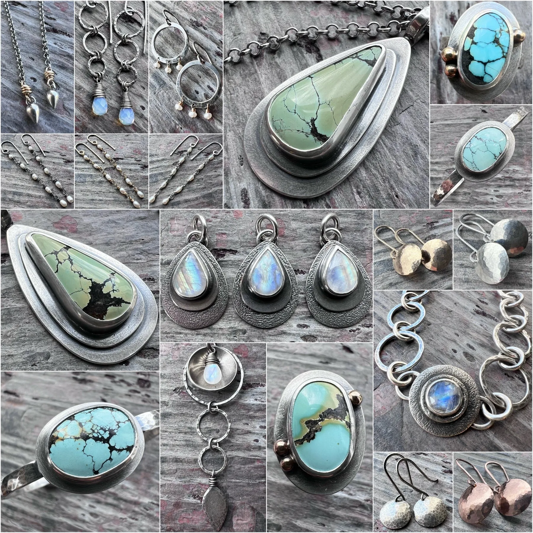 Sterling Silver Opalite Earrings | Opalite Teardrops on Hammered Rings Long Dangle Earrings