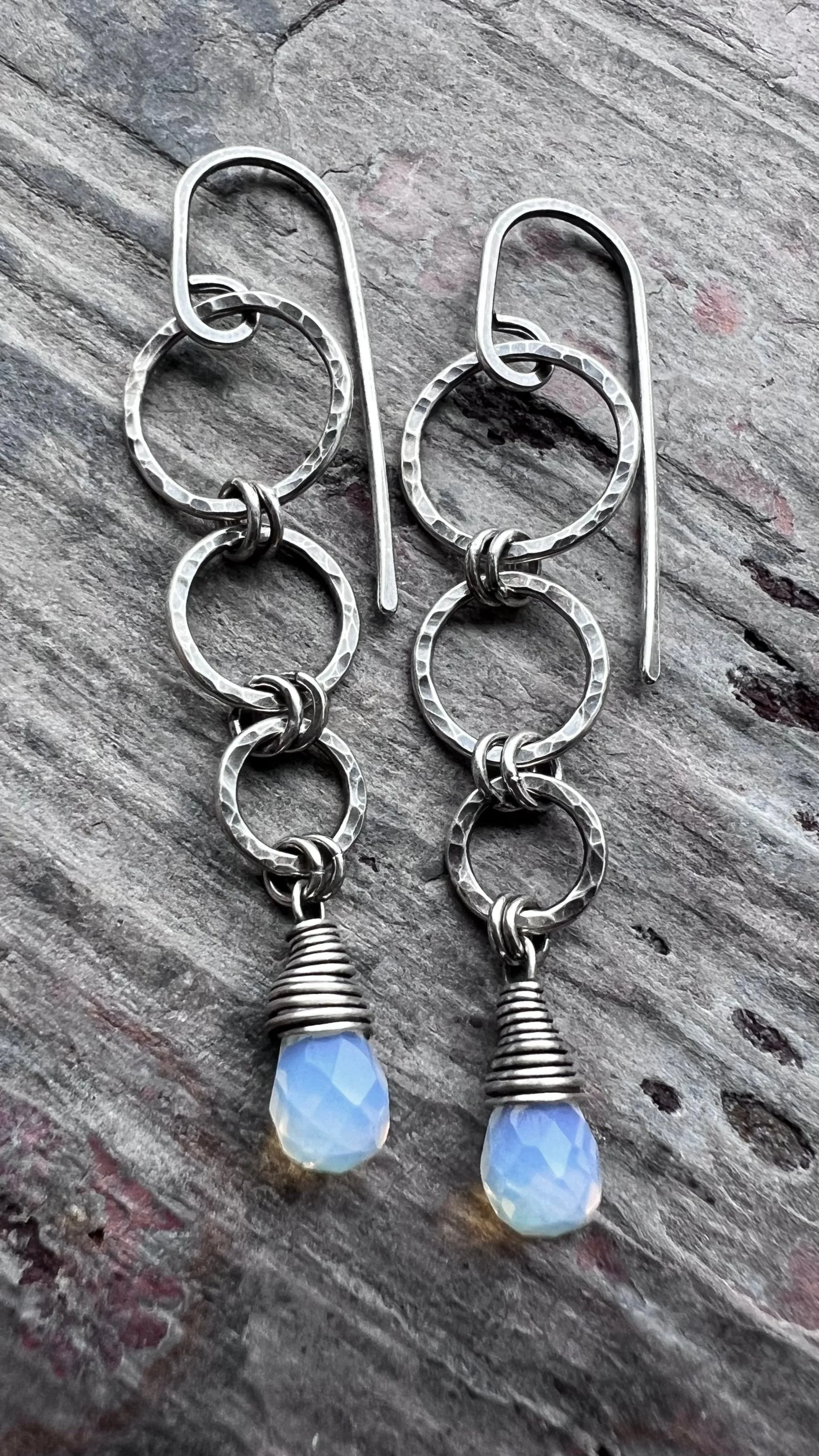 Sterling Silver Opalite Earrings | Opalite Teardrops on Hammered Rings Long Dangle Earrings