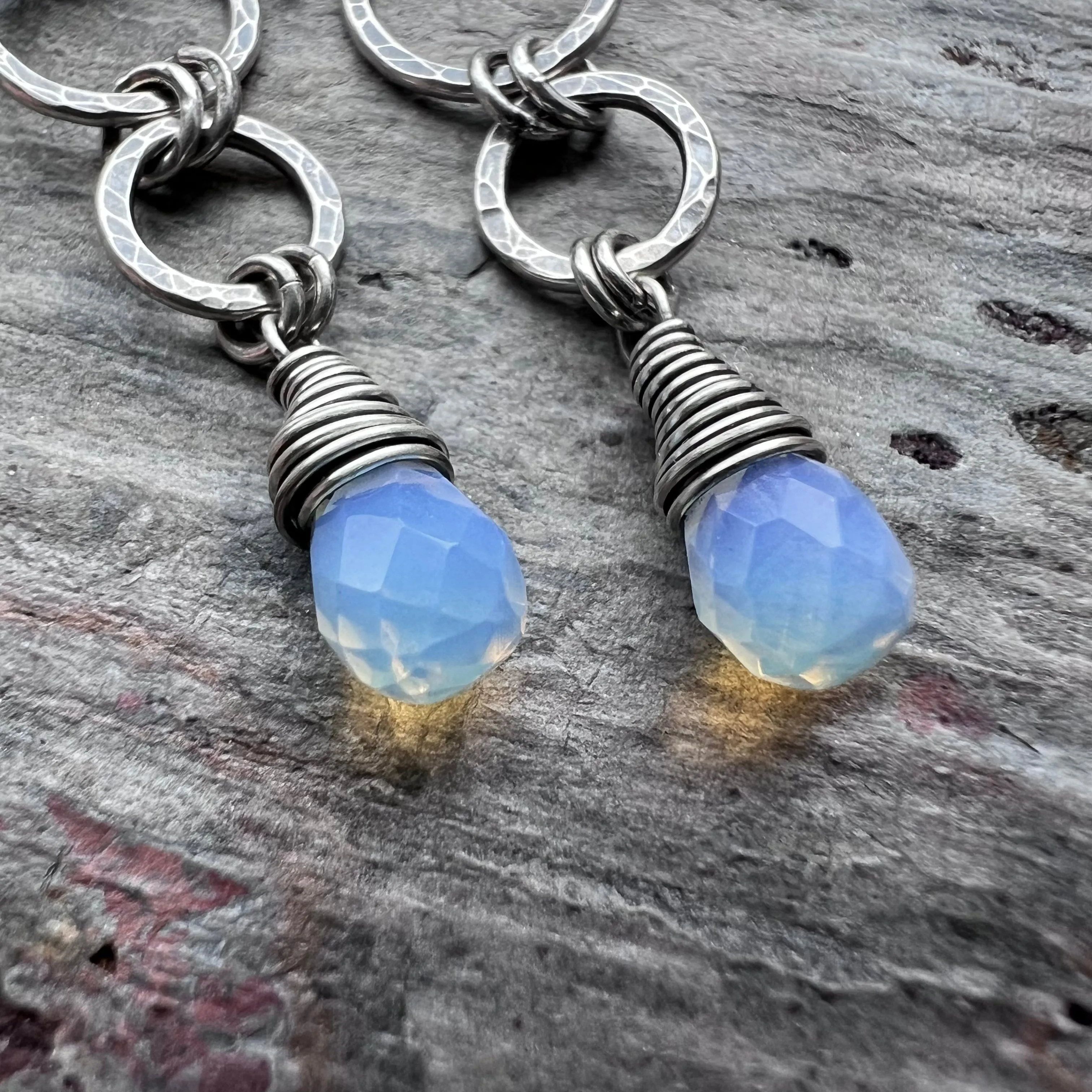 Sterling Silver Opalite Earrings | Opalite Teardrops on Hammered Rings Long Dangle Earrings
