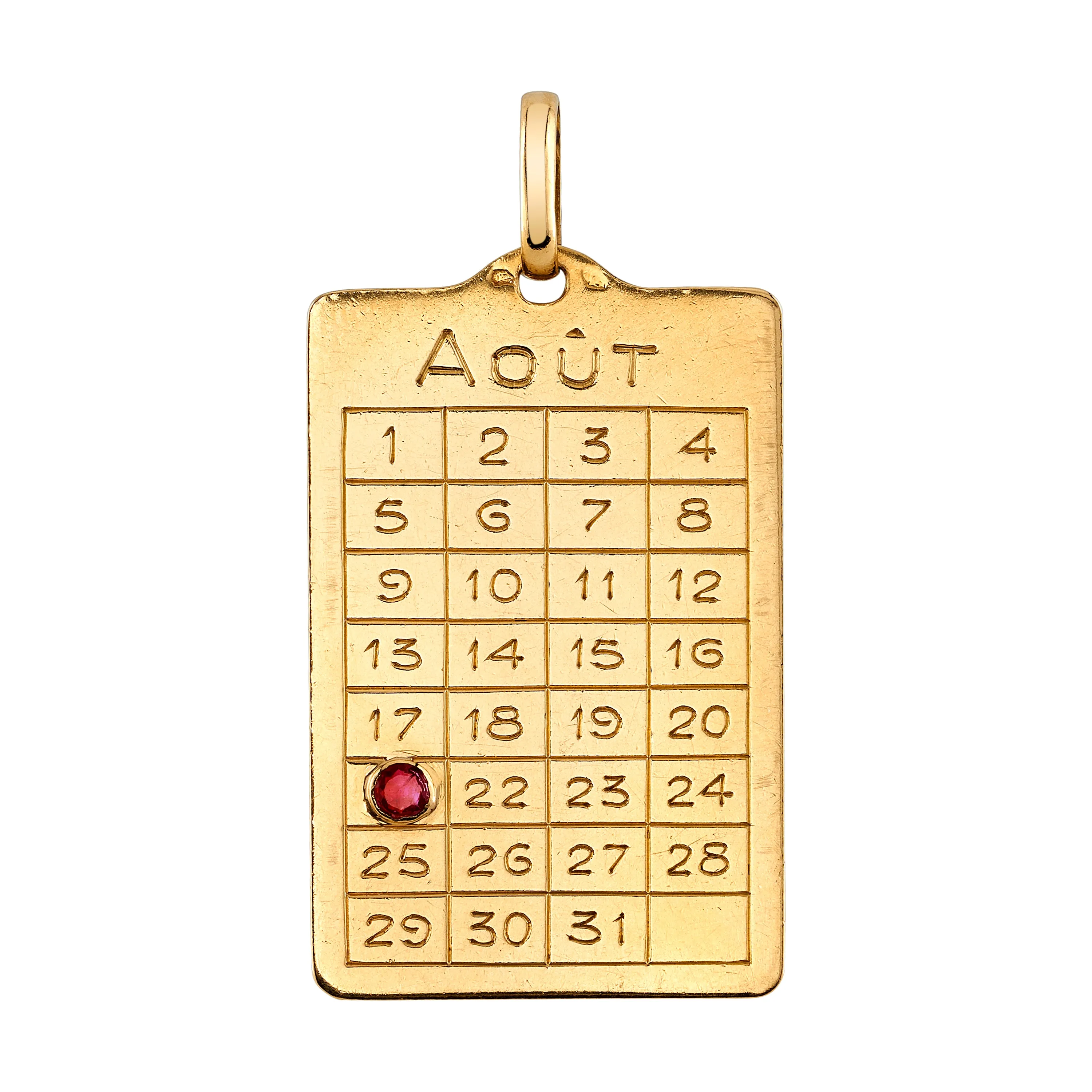 Vintage August Calendar Pendant with Ruby