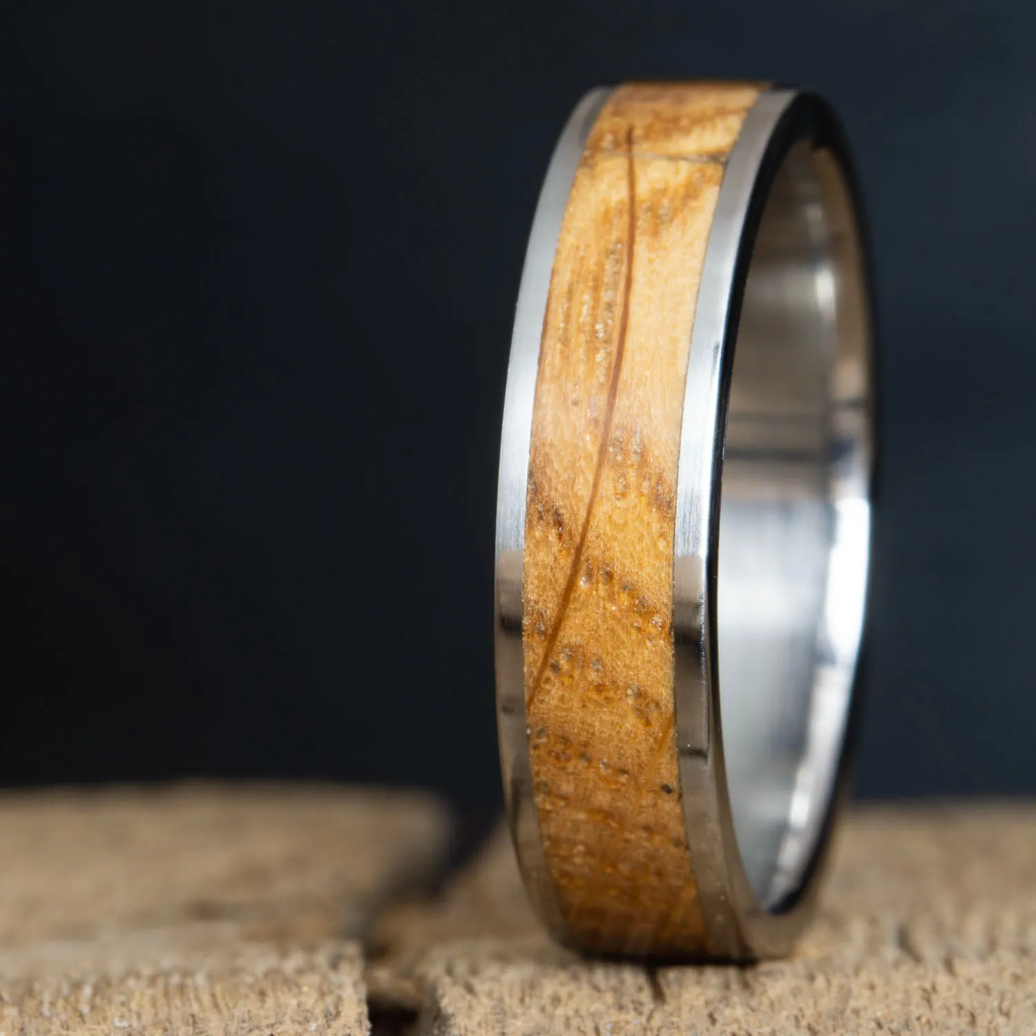 Whiskey barrel inlay titanium ring