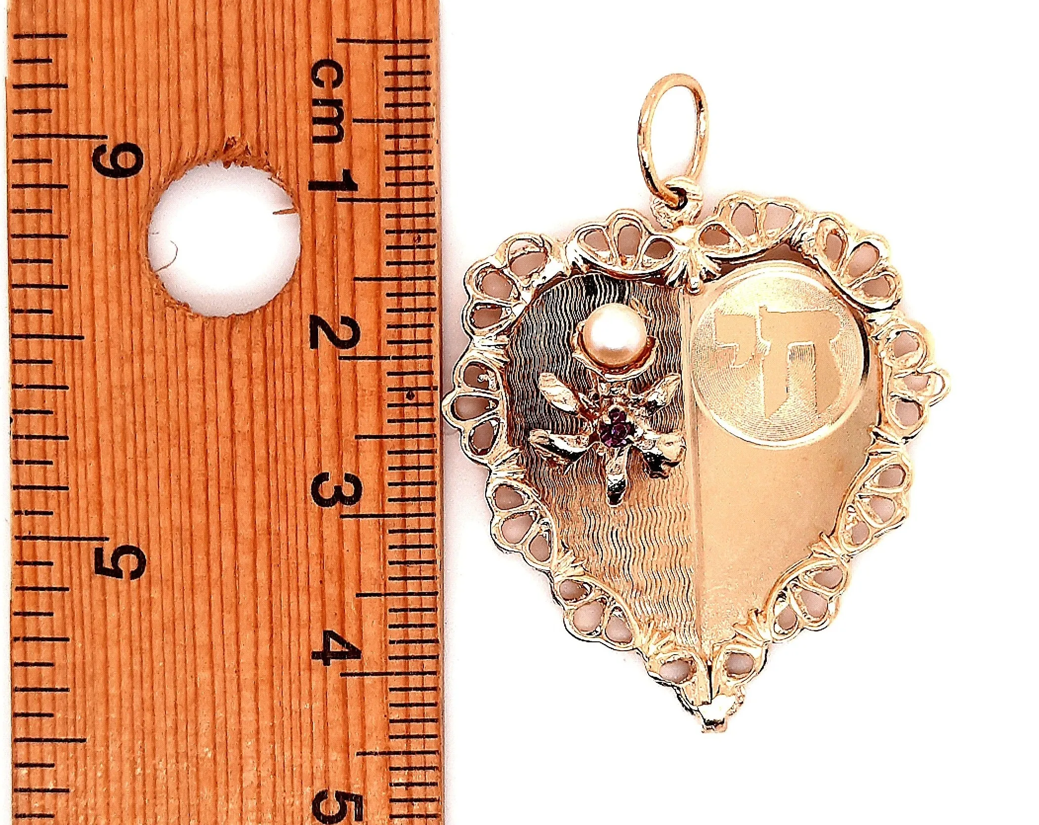 Yellow Gold Pearl & Ruby Heart Pendant