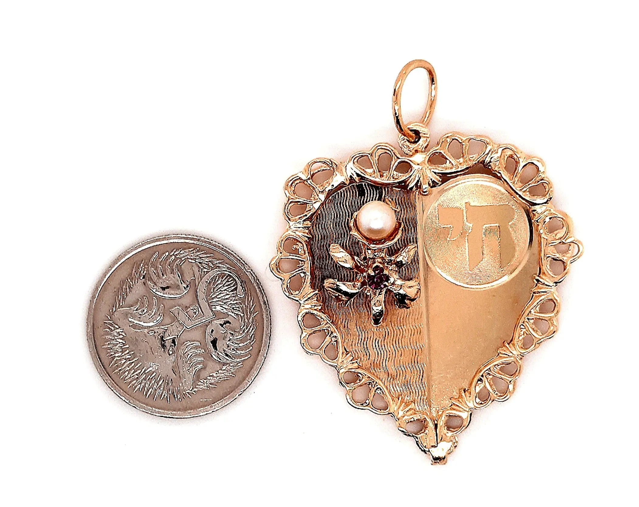 Yellow Gold Pearl & Ruby Heart Pendant